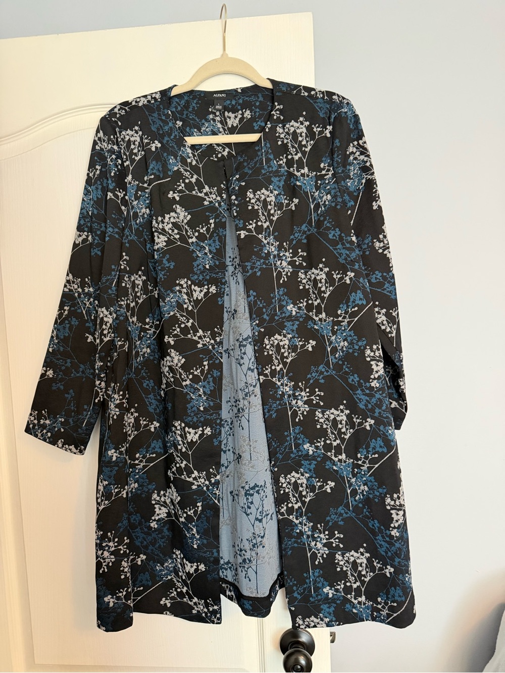 Alfani Black Floral Longline Blazer with Blue and White Sprigs
